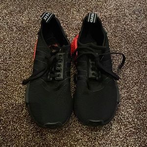 Adidas 2019 NMD R1 Primeblue shoes black with orange sole worn